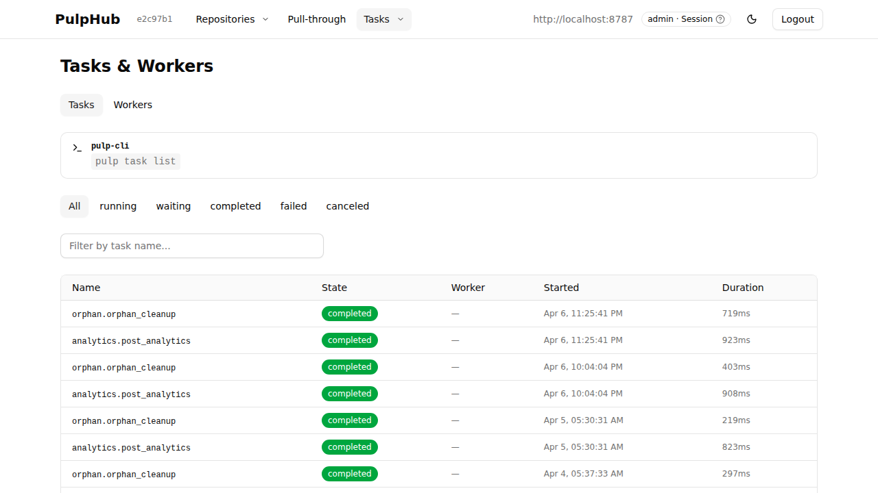 Tasks list with state filters